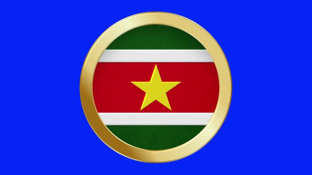Flag of Suriname Pop-up style in a Golden Metal Ring Circle National Flag Animation Background isolated green Screen Background Loopable Stock Video