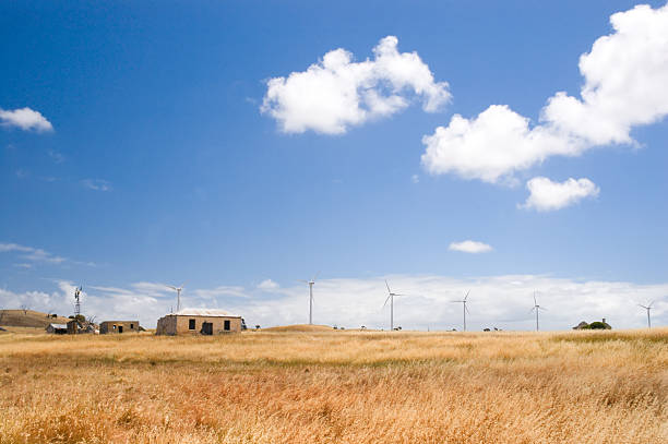 Wind turbines and large oil storage tanks in an industrial area with a blue sky in fluffy white clouds in the background.