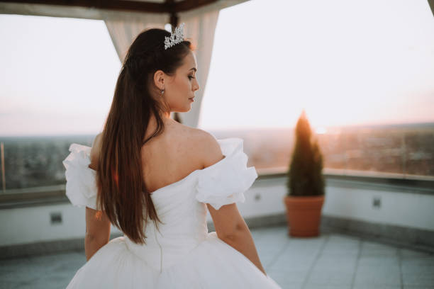 istock Beautiful bride posing in white princess dress with crown. 1448102760