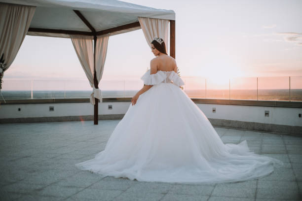 istock Beautiful bride posing in white princess dress with crown. 1448102763