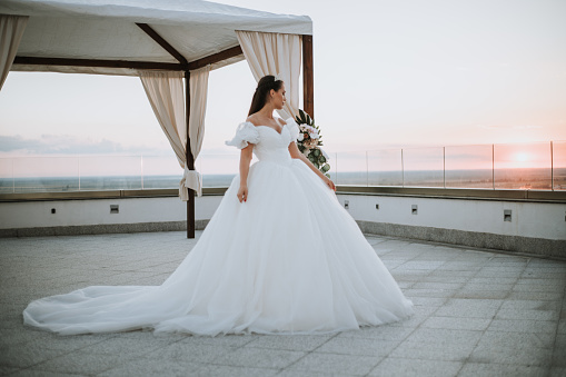 Beautiful bride posing in white princess dress with crown.