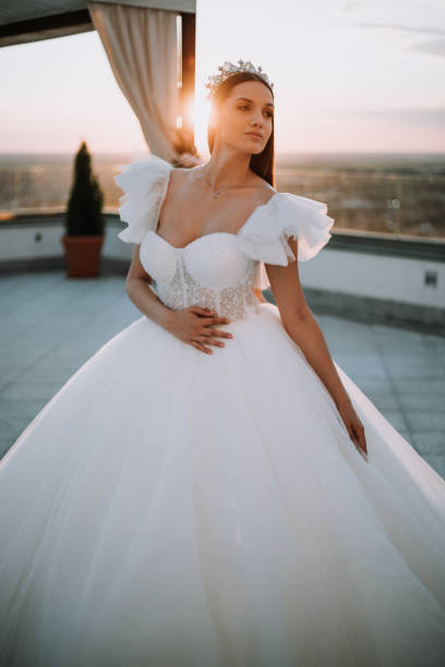 istock Beautiful bride posing in white princess dress with crown. 1448102825