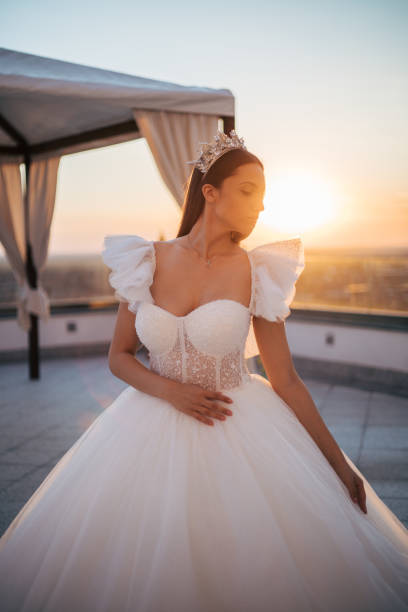 istock Beautiful bride posing in white princess dress with crown. 1448102836