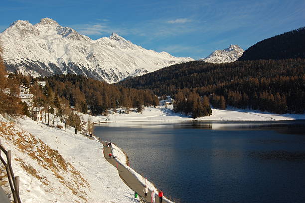 Caminhada na paisagem de inverno da Suíça - foto de acervo