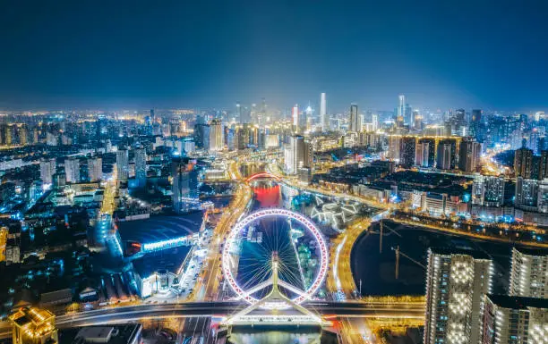 Aerial photo of Tianjin Eye Ferris wheel at night