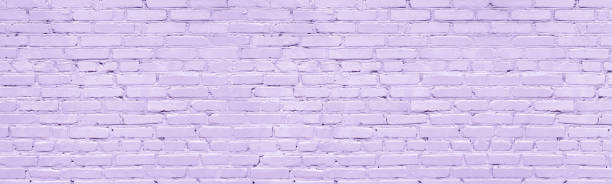 istock Pastel lavender color painted old brick wall wide texture. Light violet rough brickwork. Grunge panoramic background 1448104499