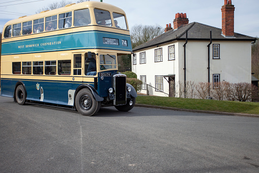 Dudley, West Midlands-united kingdom May 01 2022 blue and cream 1940's double decker bus used in the west midlands with passengers