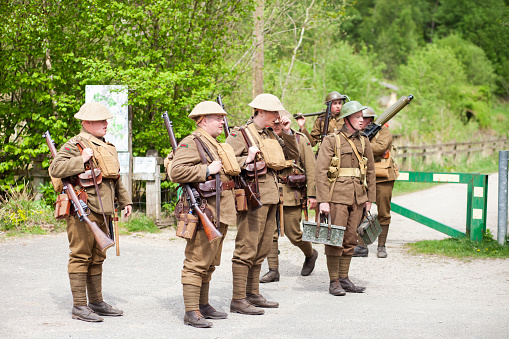 Newcastle-under-Lyme, Staffordshire-united kingdom April, 14, 2022 first world war british soldiers in a re-enactment