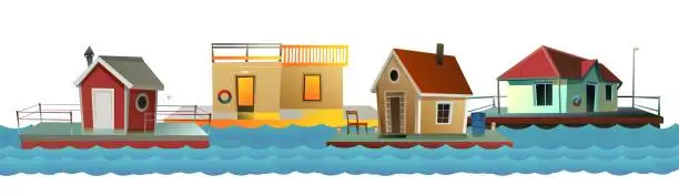 Vector illustration of Floating houses on waves. Dwelling with small courtyard on water. Isolated on white background. illustration vector.