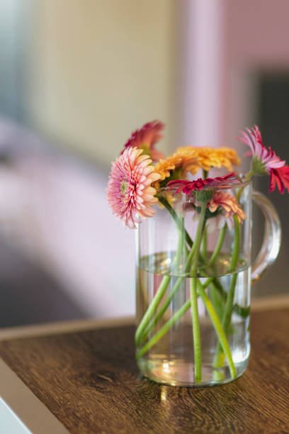 istock Some Gerber flower bouquet in bloom on a transparent water glass 1448106989