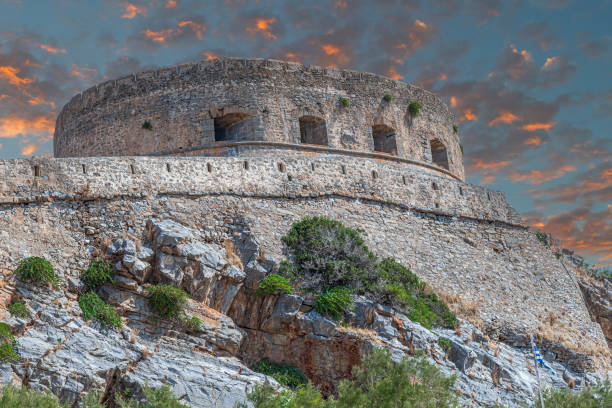 View of Spinalonga fortress. The island is in the Gulf of Elounda, Crete, Greece, in Lasithi, next to the town of Plaka.Fortified by the Venetians in 1579.Was used as a leper colony.