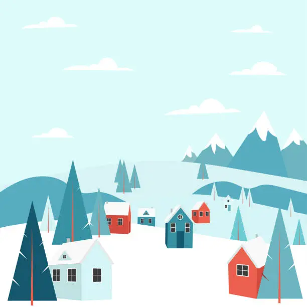 Vector illustration of Winter day outdoor landscape with snow, cozy houses and pine trees,  ski resort in little hygge village