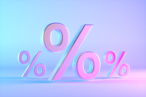 3d rendering of Percentage Sign on Color Gradient Background.