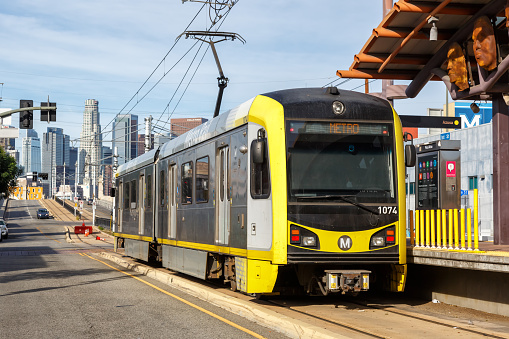 Los Angeles, United States - November 4, 2022: Metro Rail Gold Line light rail train public transport at Pico Aliso stop in Los Angeles, United States.