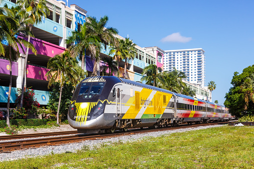 West Palm Beach, United States - November 14, 2022: Brightline private inter-city rail train in West Palm Beach in Florida, United States.