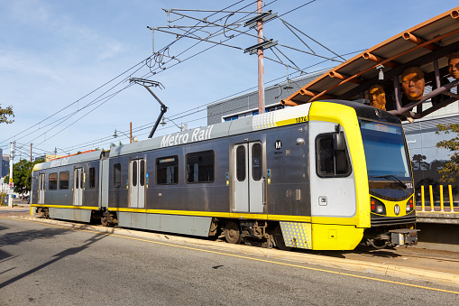 Los Angeles, United States - November 4, 2022: Metro Rail Gold Line light rail train public transport at Pico Aliso stop in Los Angeles, United States.