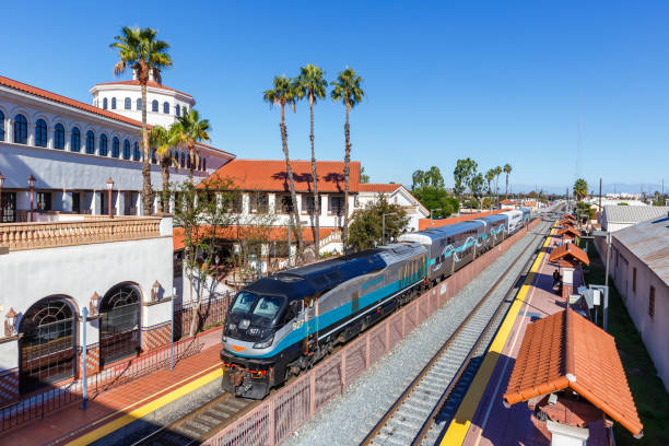 Metrolink commuter rail train at Santa Ana railway station near Los Angeles, United States stock photo