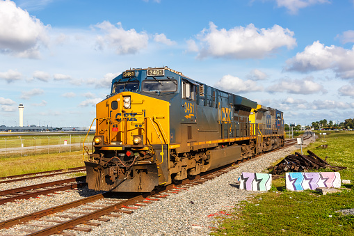 Miami, United States - November 15, 2022: CSX Transportation locomotives train railway in Miami, USA.