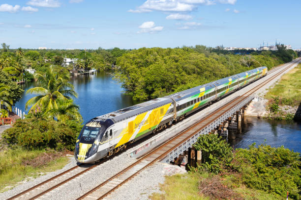 Brightline private inter-city rail train in Deerfield Beach in Florida, United States stock photo