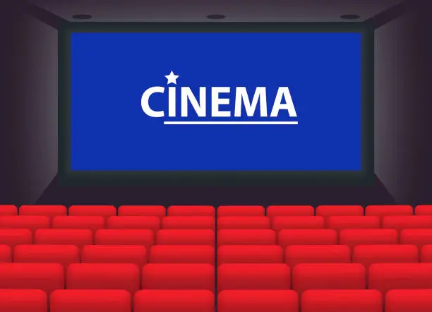 Vector illustration of realistic cinema empty hall or cinema theatre film with white empty screen entertainment movie.