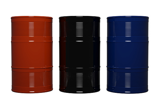 Red, black and blue glossy oil barrels, 3d rendering. Oil barrels illustrations on isolated background