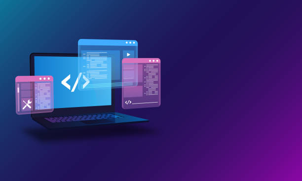 Web Development, Programming and Code Testing UI Concept with Laptop Displaying Futuristic Code Web Development, Programming and Code Testing UI Concept with Laptop Displaying Futuristic Code website infographics stock illustrations