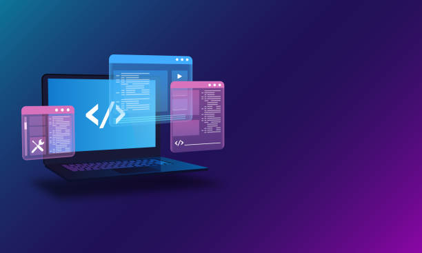 Web Development, Programming and Code Testing UI Concept with Laptop Displaying Futuristic Code Web Development, Programming and Code Testing UI Concept with Laptop Displaying Futuristic Code coding stock illustrations