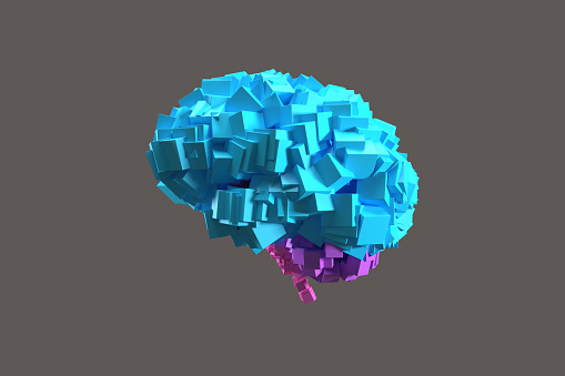 Abstract geometric brain on gray background, 3d render.