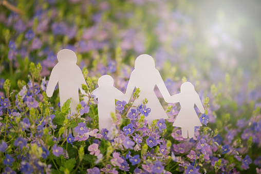 Family, parents with daughter and son in a spring meadow, environment concept, connected to nature, support and love