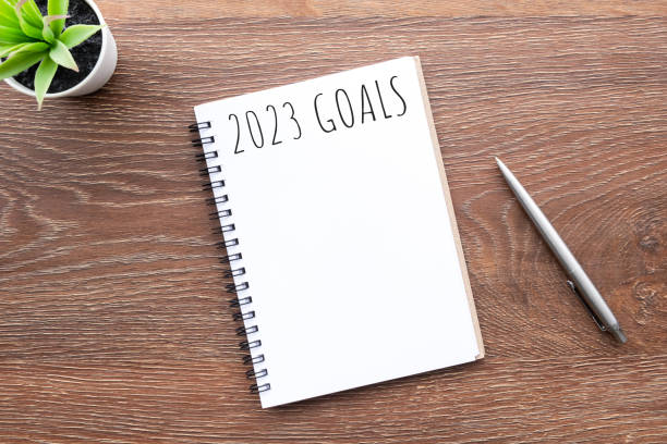 istock Notebook with 2023 goals text on it to apply new year resolutions and plan. 1448126699