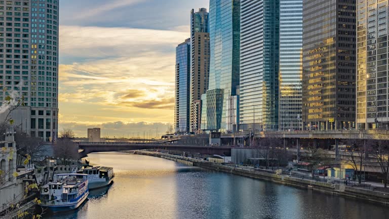 Time Lapse Video of Skyscrapers and River of Chicago While Sunrising