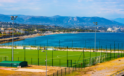 Antibes, France - August 4, 2022: Stade du Fort Carre stadium, tribunes and sports facilities in Antibes resort city onshore Azure Coast of Mediterranean Sea