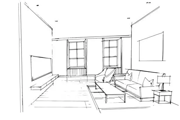 Vector illustration of living room sketch drawing,Modern design,vector,2d illustration