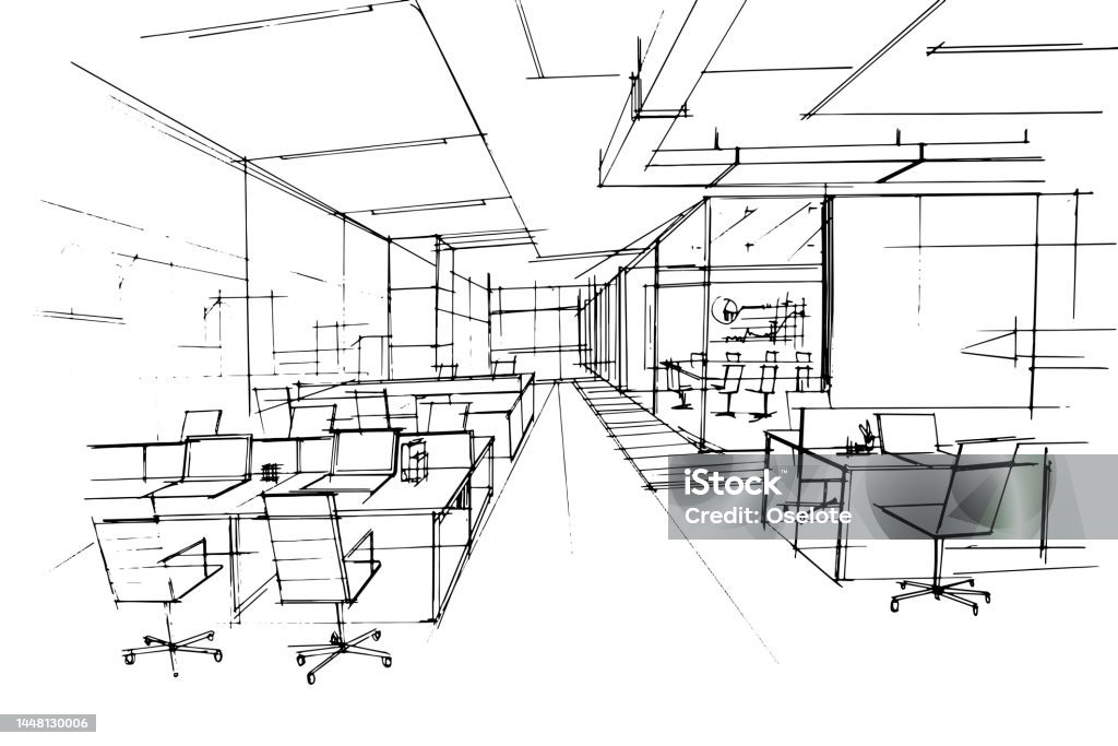 Program Office Drawing Office Work Area Sketch Drawing Modern Design Vector 2d Illustration ...