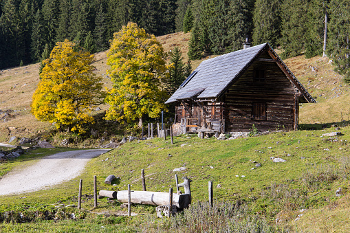 Idyllic mountain landscape with cabins and autumn colors. Location is the Gesäuse national park in Styria, Austria