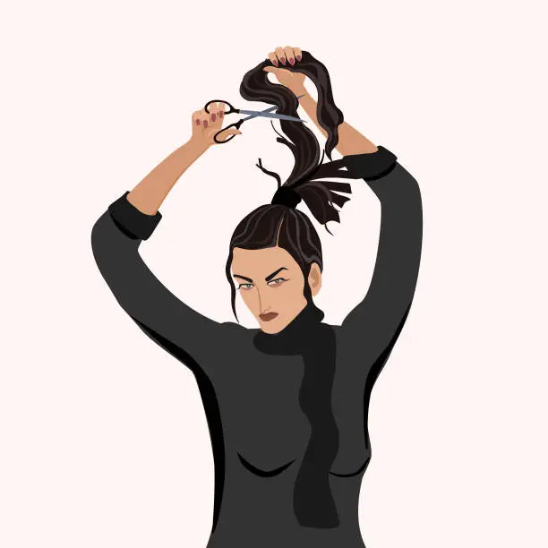 Vector illustration of An Iranian woman in a hijab cuts off her hair. Women's protest in Iran.