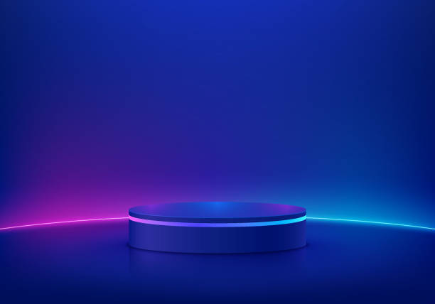 istock Abstract dark blue cylinder pedestal podium. Sci-fi abstract room concept with glowing neon curve lighting line. Vector rendering 3d background, Mockup product display. Futuristic minimal wall scene. 1448140844