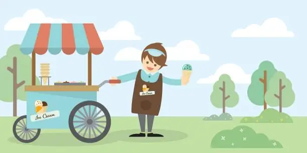 Vector illustration of Happy man street seller dressed in an apron with ice cream and the cart at public park. Small business and fast food concept.