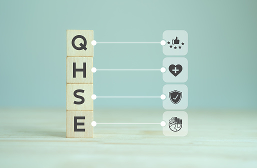 QHSE-Quality Health Safety Environment. Safety and health at workplace concept. Maximize value by successfully implementing QHSE management system. QHSE text and symbols on wooden cube blocks.