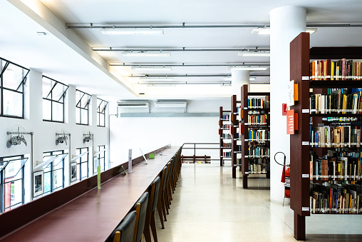 Library shelves and desks