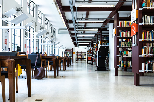 Library shelves and desks