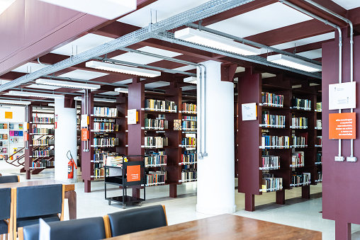 Library shelves and desks