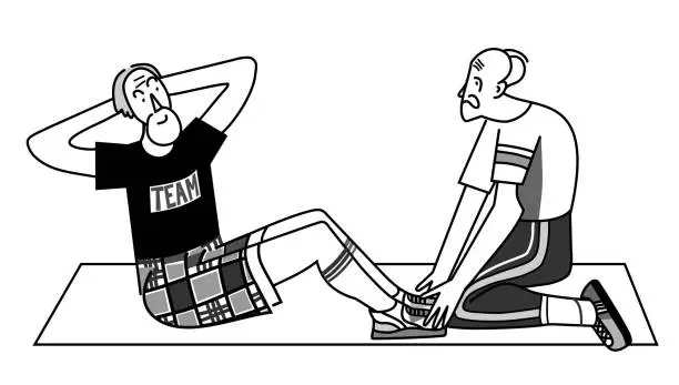Vector illustration of Two elderly men exercising, one doing abs exercises, another assisting with holding feet. Black and white linear vector illustration. Healthy body. Exercising senior concept. Health care in elderly