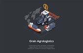 Agricultural Business Concept. Woman Logistics Manager Planning Agricultural Sector Work. Tractor With Plow for Harvesting, Further Transportation By Ship Or Truck. Isometric 3d Vector Illustration