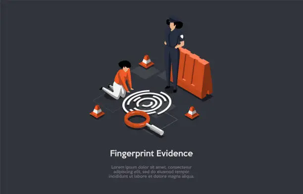 Vector illustration of Detective Agency, Searching Evidences. Private Detective And Police Officer Solving Crime, Searching Criminals. Agent Investigating Crime Place and Looking For Clues. Isometric 3d Vector Illustration