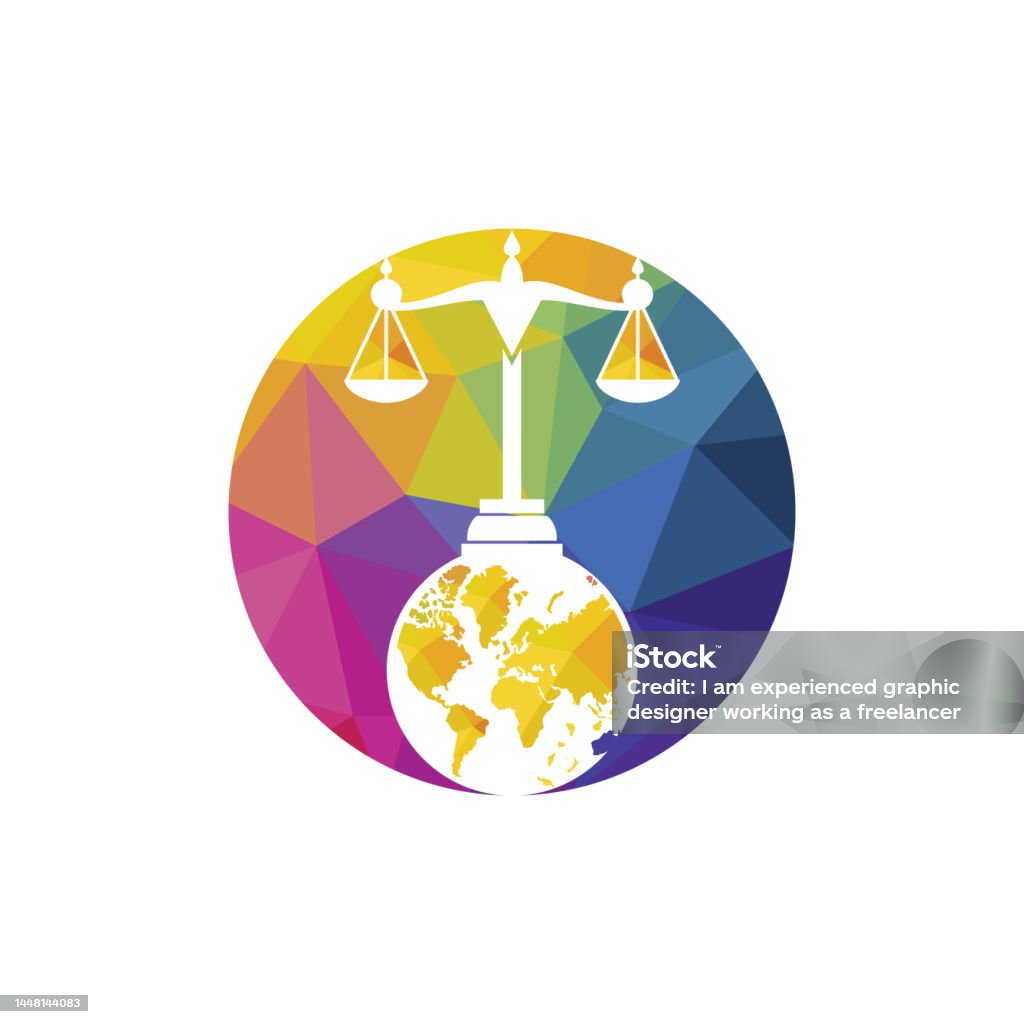 International tribunal and Supreme court logo concept. Scales on globe icon design. - Royalty-free Advogado arte vetorial International tribunal and Supreme court logo concept. Scales on globe icon design. - Royalty-free Advogado arte vetorial