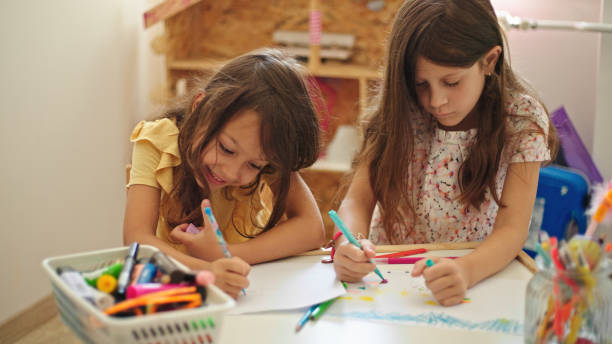 istock Sisters at home drawing and painting together 1448147095