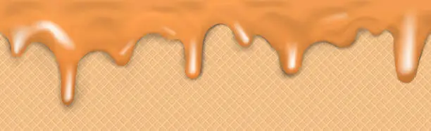 Vector illustration of Sweet seamless panoramic ice cream pattern with dripping caramel icing and wafer texture - Vector