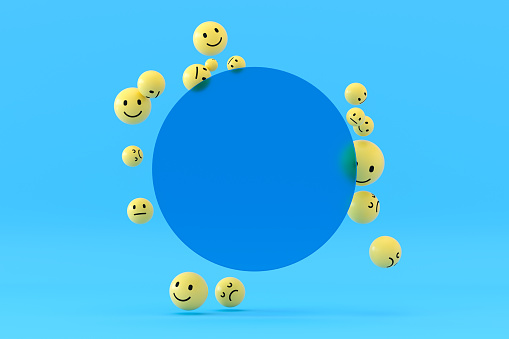 Emojis with empty circle frame on blue background, 3d render.