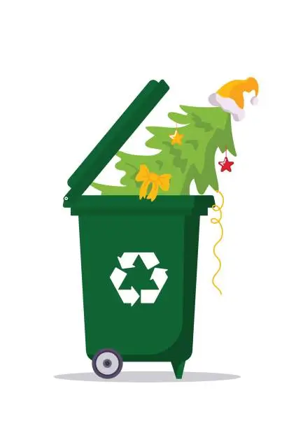 Vector illustration of Christmas tree with garland and santa hat in a bin with a recycling sign. Post-holiday cleaning. Environmentally friendly, green holidays, reasonable consumption. For stickers, posters, postcards